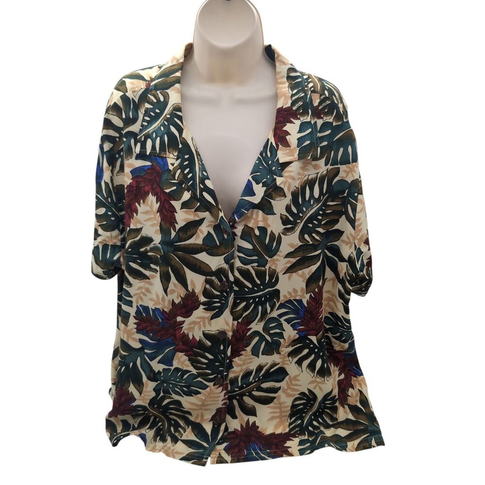 Hilo Hattie Hawaiian Shirt Mens 2XL Cream Green Red Floral Tropical Aloha Camp